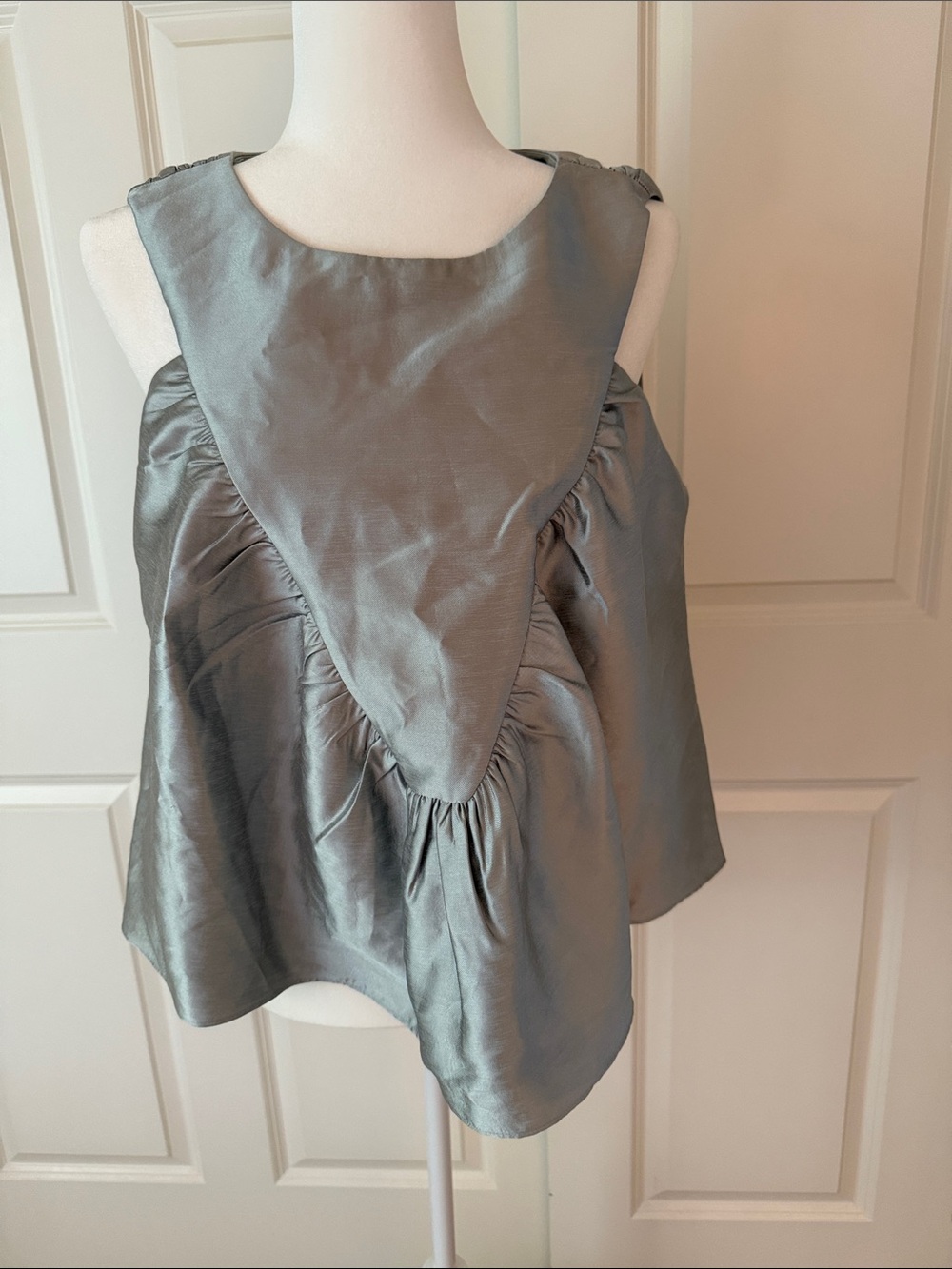 Satin Ruffle-Panel Tank Top - Grey - Picture 1 of 5